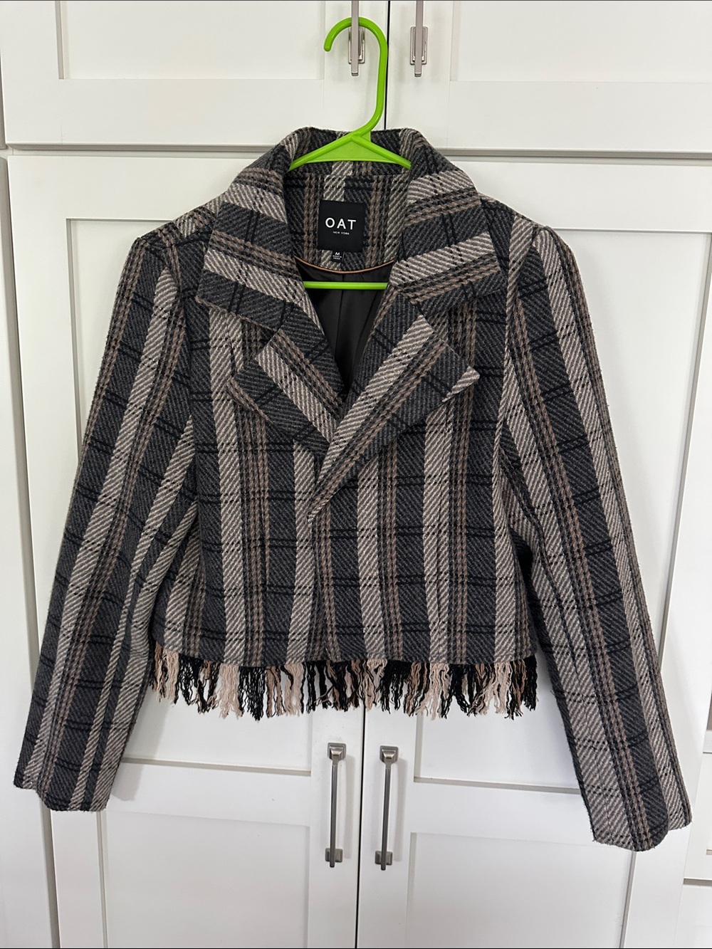 Oat New York Black, tan, and Gray Plaid Fringe Hem Cropped Blazer